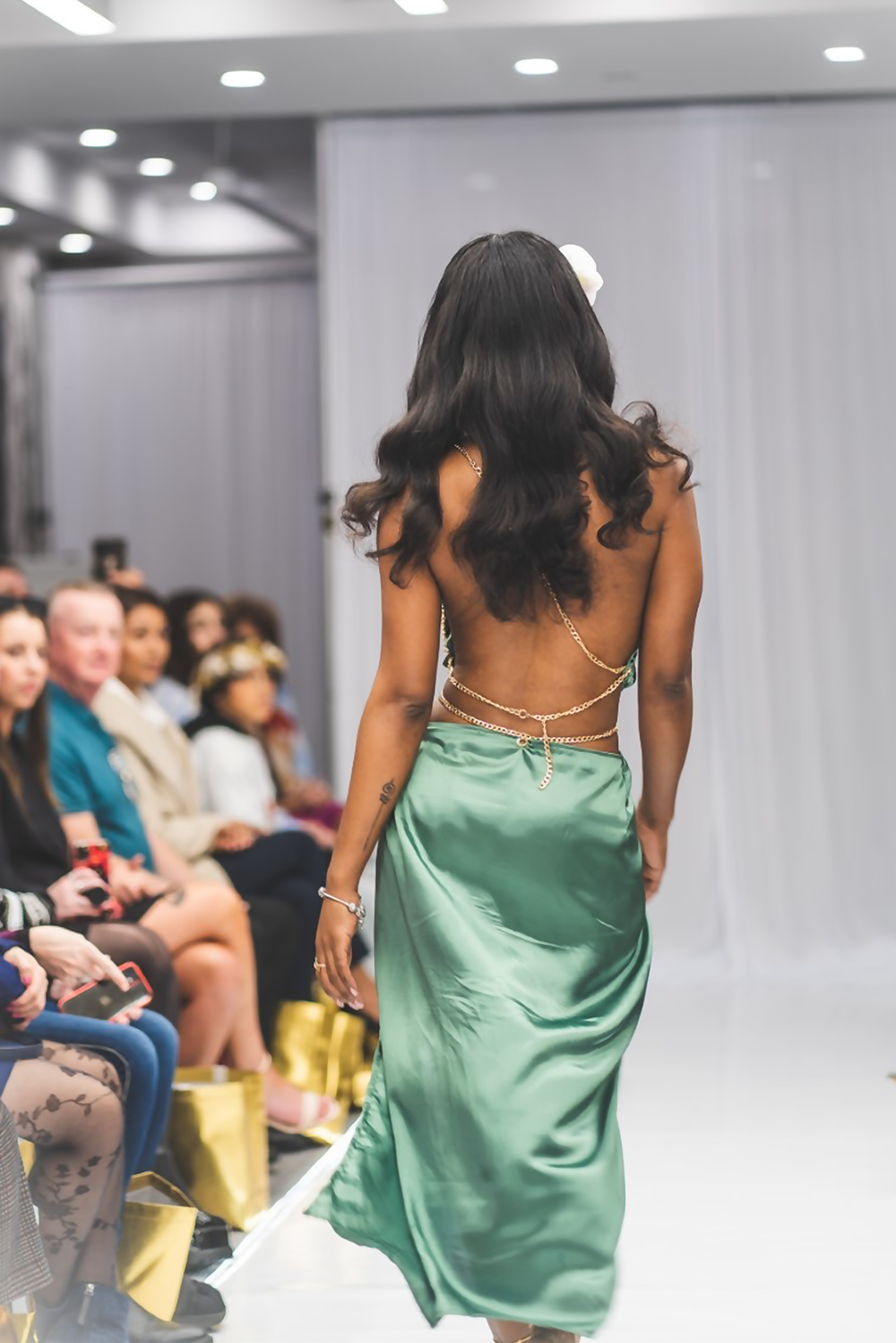 Silk Two Piece Green Dress with Gold waisted chain and Top