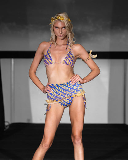 Blue two piece bikini with skirt cover up